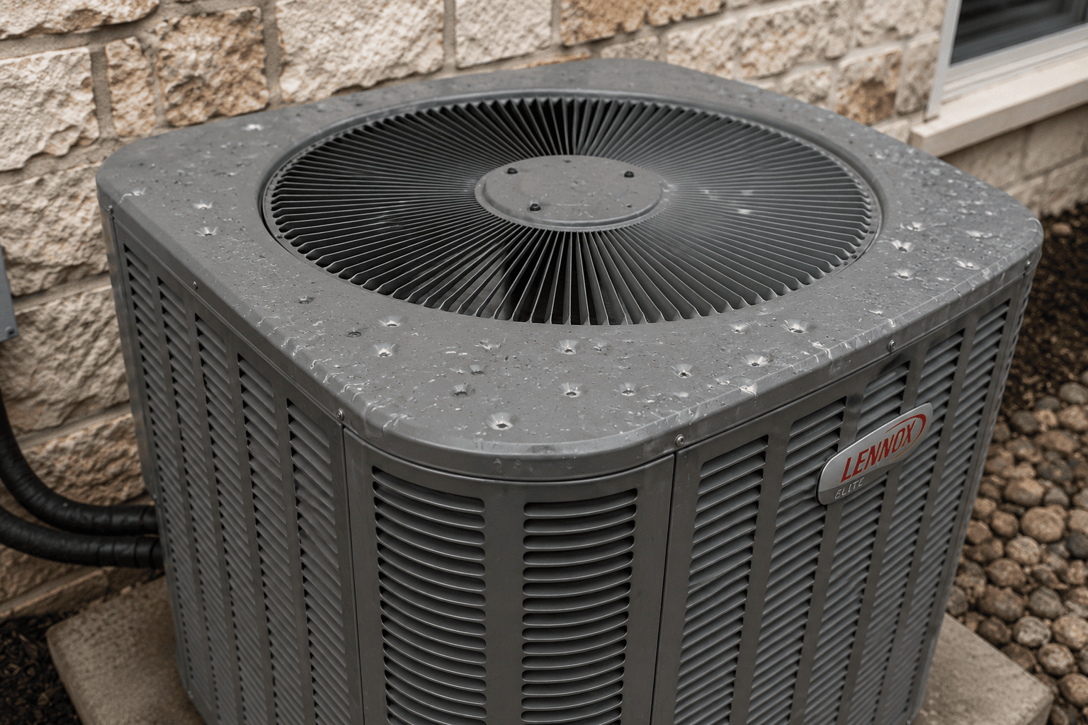Hail dents across the metal housing of an air conditioner beside a Central Texas home, the ground level evidence adjusters look for