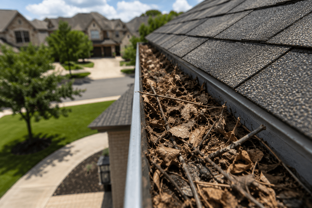 Clogged rain gutters filled with leaves and debris on a Central Texas home