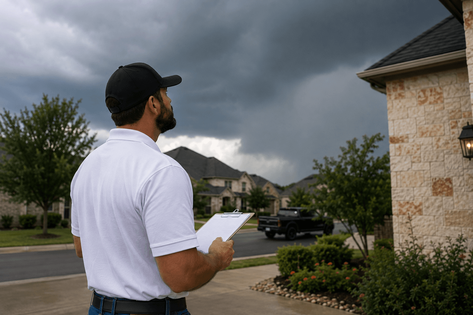 Recon Roofing inspector checking shingles during a roof inspection on a Central Texas home