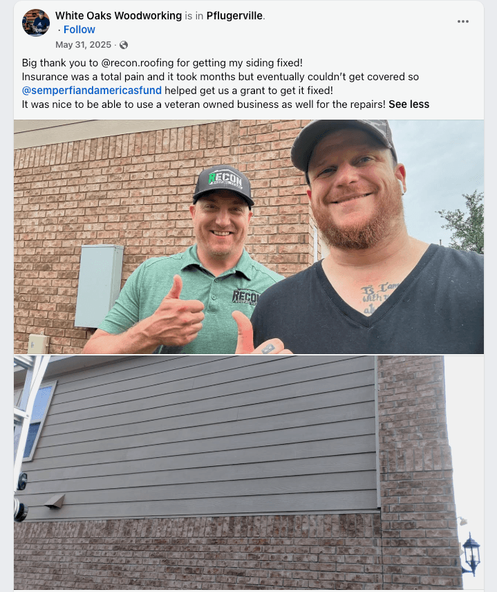 Completed siding replacement job by Recon Roofing