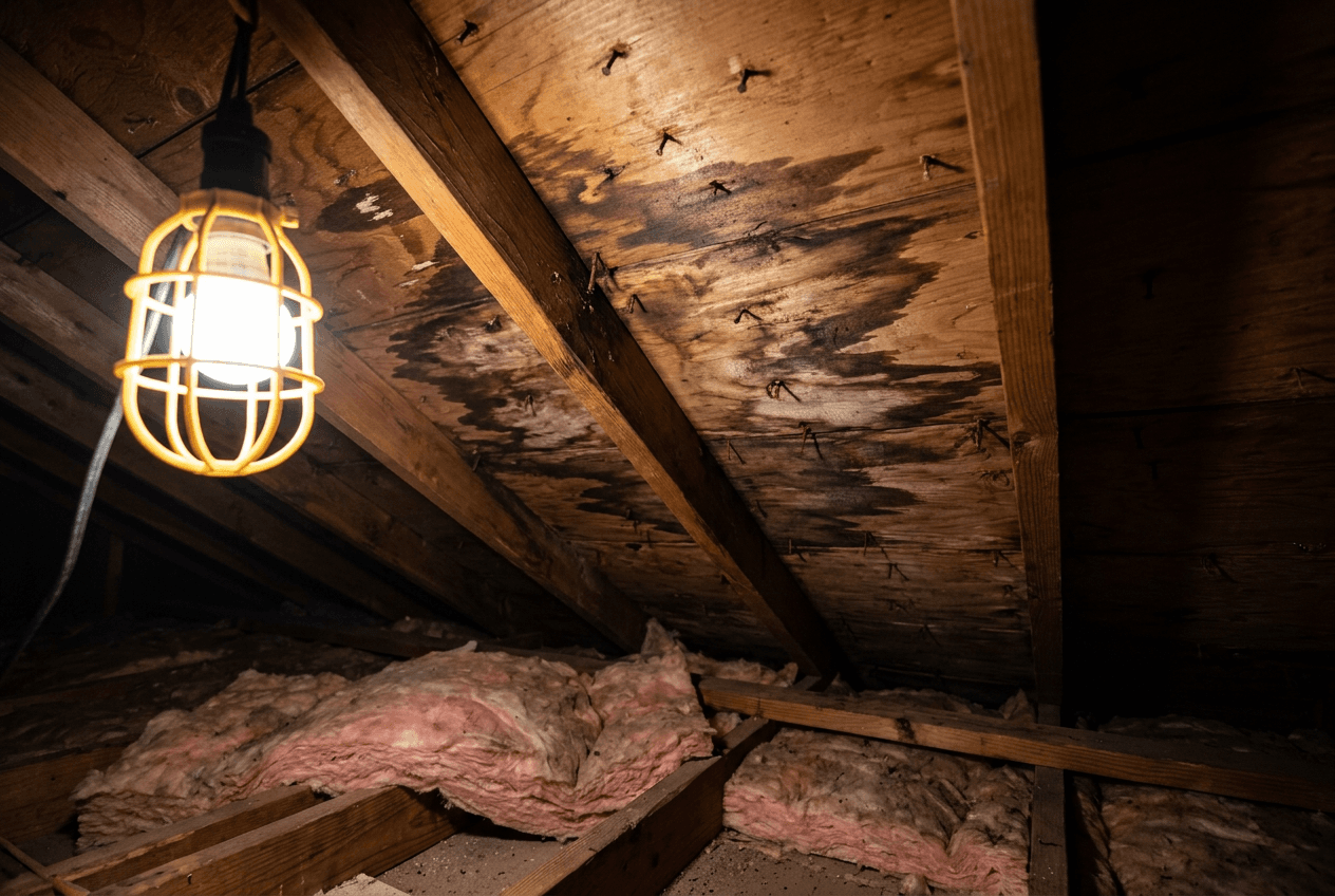 Water staining and rusted nail tips on the underside of roof decking in a residential attic