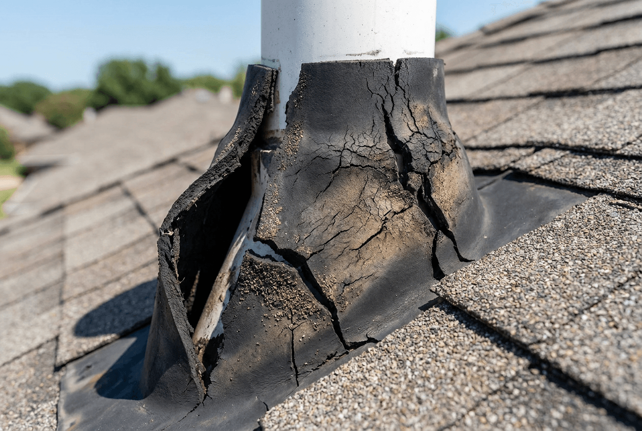 Cracked neoprene pipe boot split open around a plumbing vent stack on an asphalt shingle roof