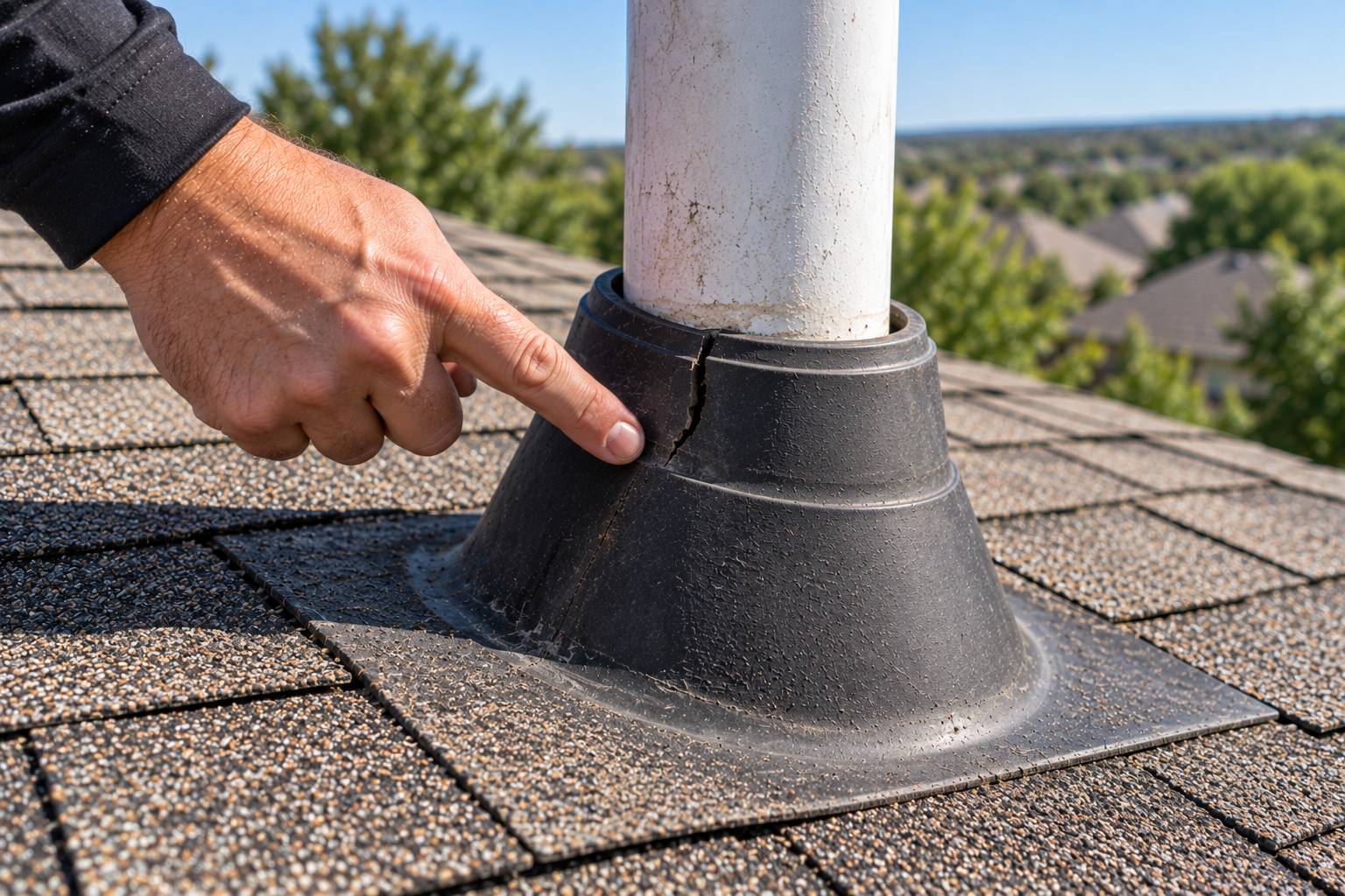 Cracked neoprene pipe boot split open around a plumbing vent stack on a Central Texas shingle roof