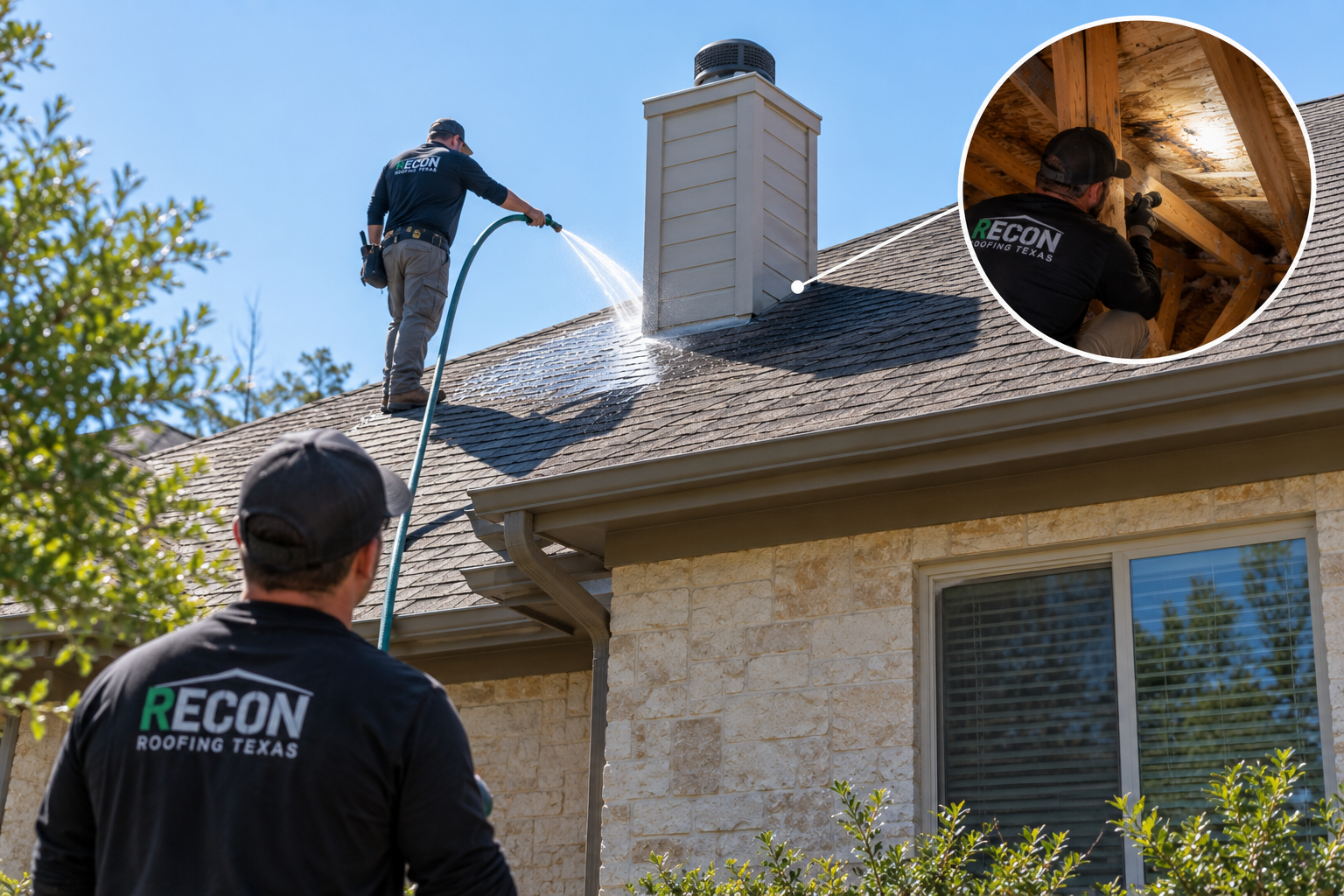 Two Recon Roofing crew members running a water test, one with a hose at the chimney and one watching from inside the attic