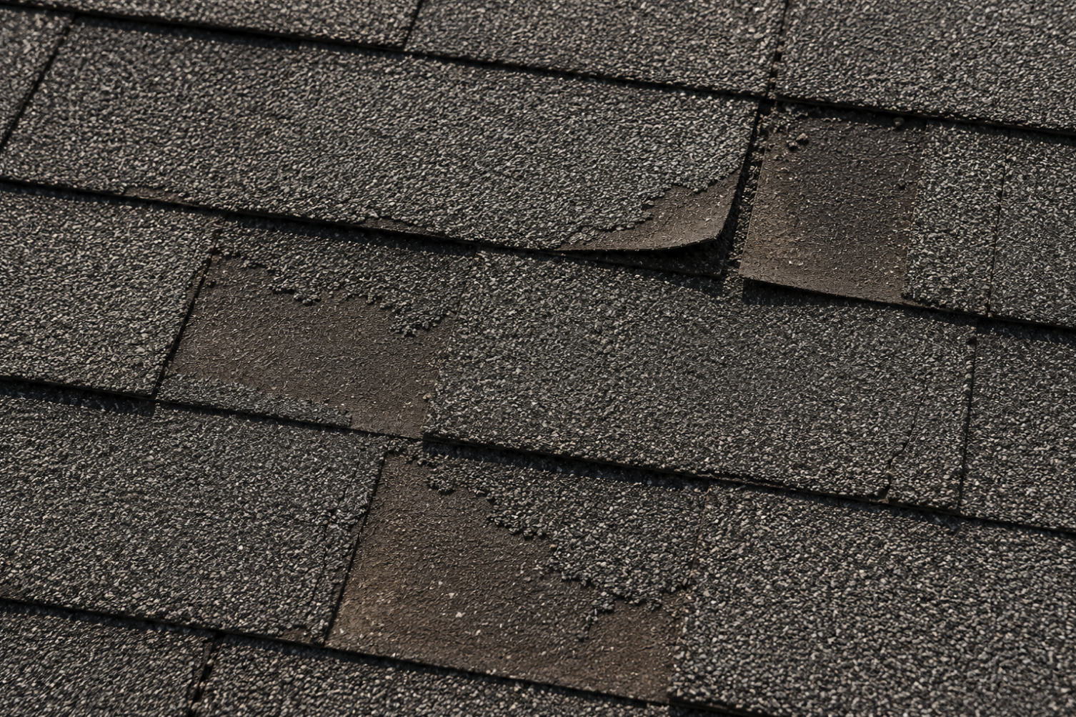 Close-up of dark asphalt shingles curling and lifting from Texas heat exposure