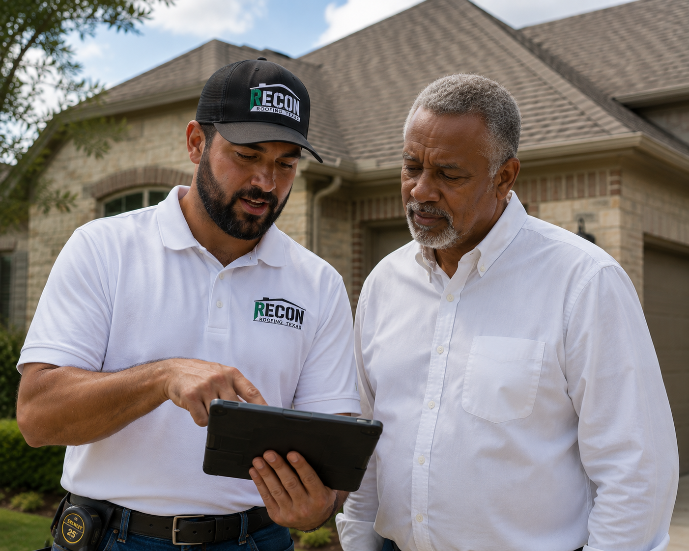 Recon Roofing inspector reviewing roof inspection results with homeowner on a tablet